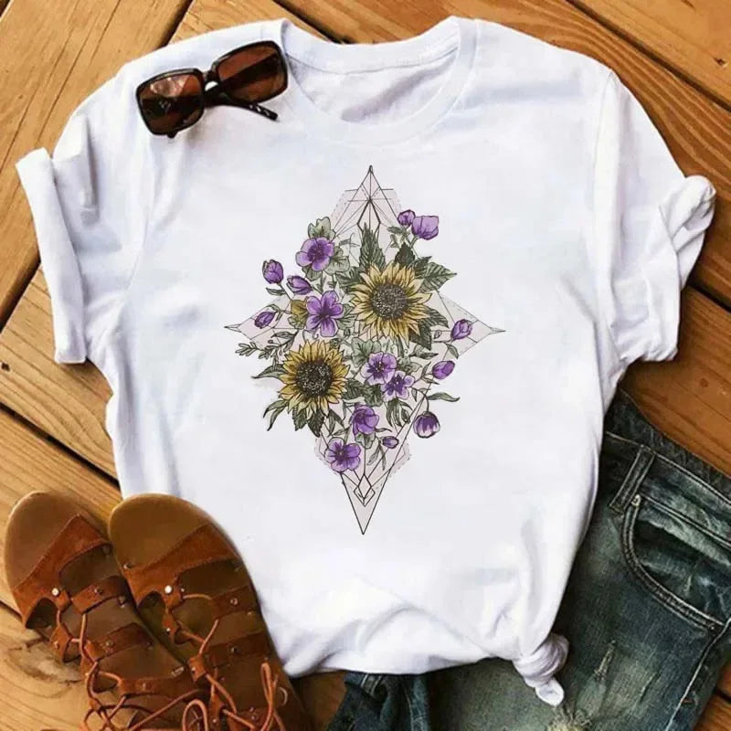 COTTON 100% Casual Cute Sunflower Butterfly Print T-shirt Comfortable Women's Black Top Oversized T Shirt  Graphic Tshirts