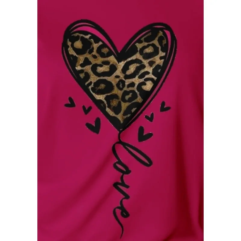 Women's leopard print heart-shaped sexy round neck T-shirt women's short sleeved casual daily top women's summer clothing shirt