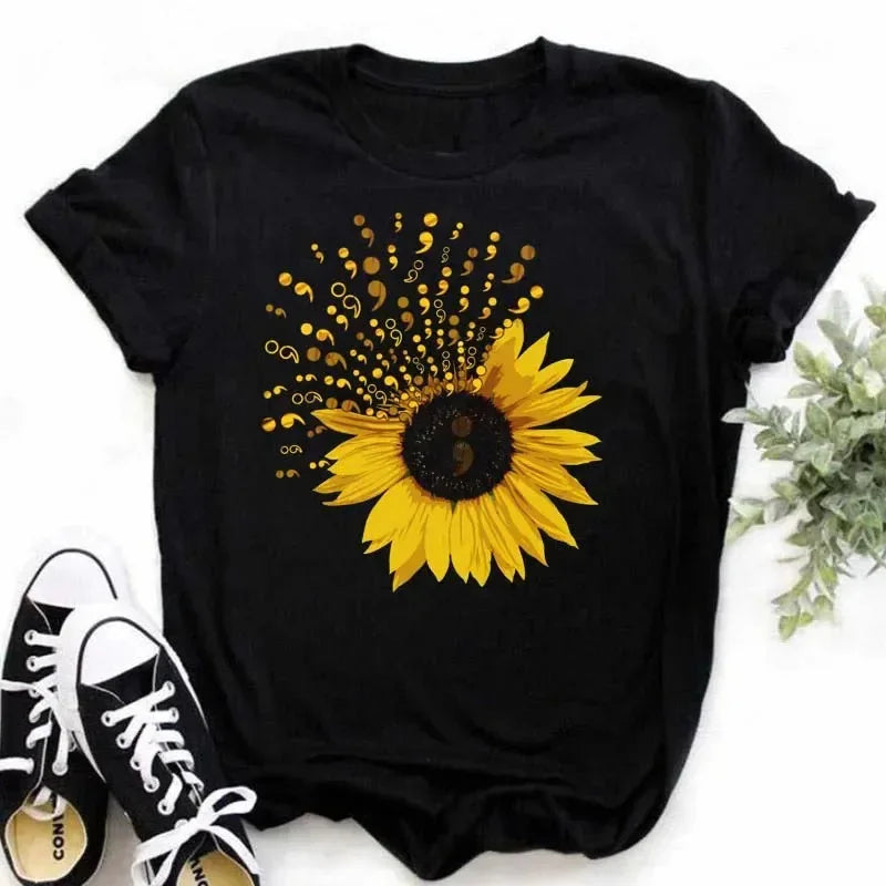 COTTON 100% Casual Cute Sunflower Butterfly Print T-shirt Comfortable Women's Black Top Oversized T Shirt  Graphic Tshirts