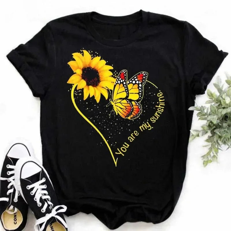 COTTON 100% Casual Cute Sunflower Butterfly Print T-shirt Comfortable Women's Black Top Oversized T Shirt  Graphic Tshirts