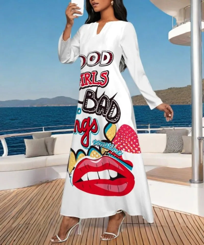 Women's Long Dress Long Sleeve Slim Long Style Print Dress Elegant