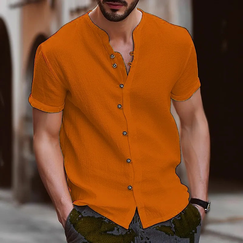 Retro Style Summer Men's Casual Cotton Linen Shirt Mock Neck Solid V-Neck Short Sleeve Loose Top Handsome Shirt US Size