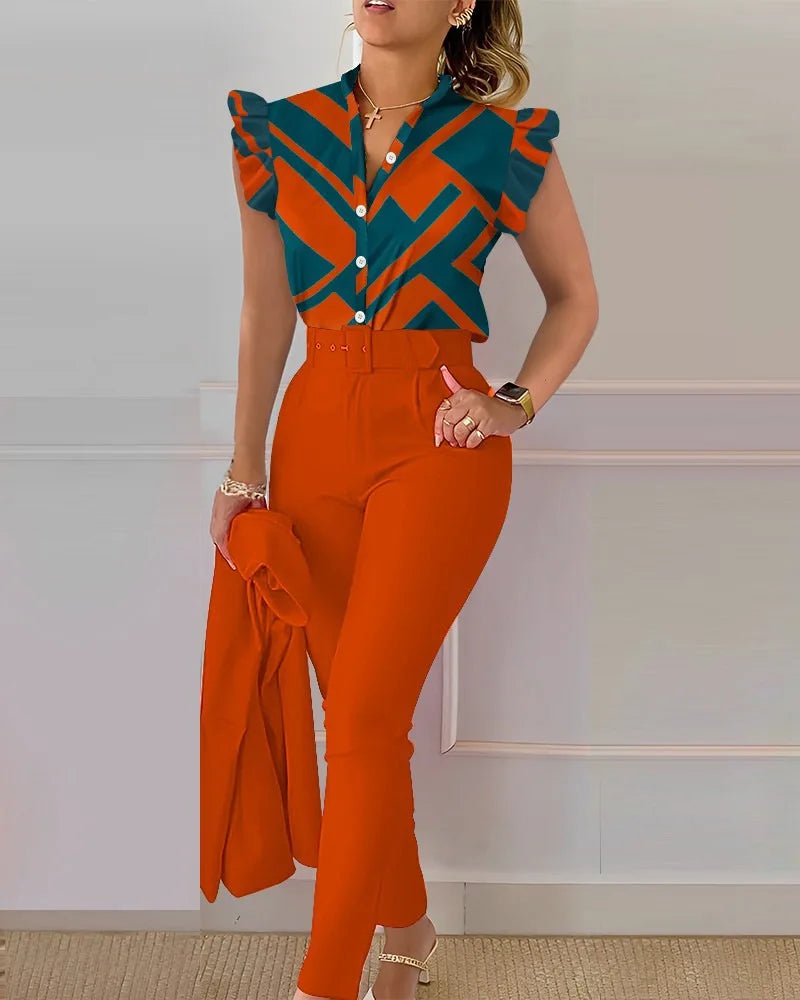 Women Slim Two-Piece Sets Summer Elegant Fashion Print V Neck Button Flying Sleeve Shirt Top & Solid Long Pants Suits With Belt