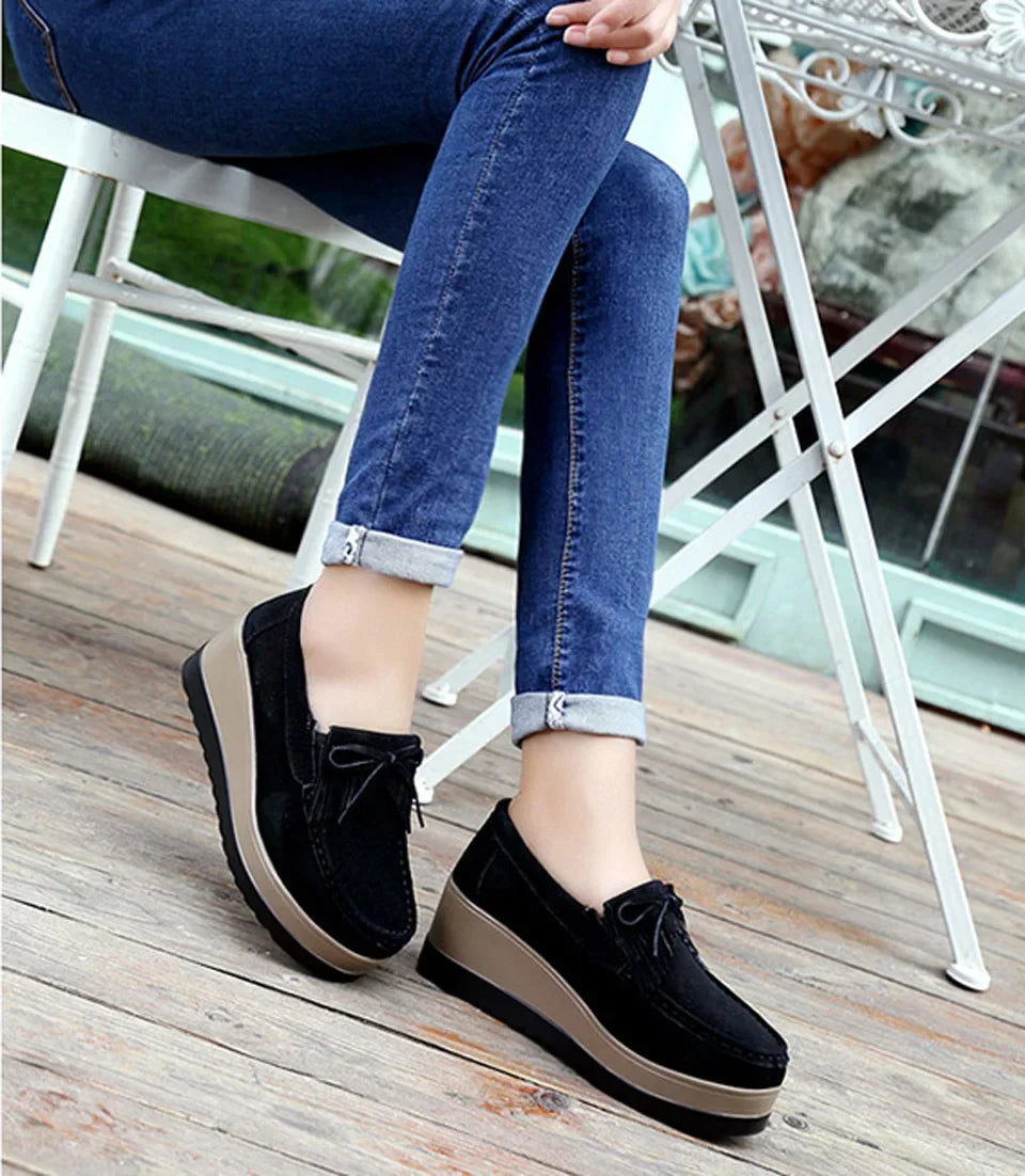 luxury 2024 Spring Autumn Women Suede Genuine Leather Wedge Shoes Lady Female Loafers Sweet Tassel Slip-ons Platform Moccasins