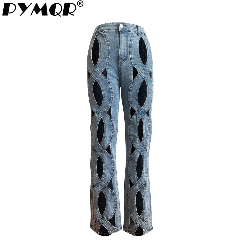 PYMQR New Elastic  Hollow Out Slightly Flared Buttocks Sexy Baggy Jeans High Wiast 2023 Antumn Y2K Streetwear Pants Female Cloth