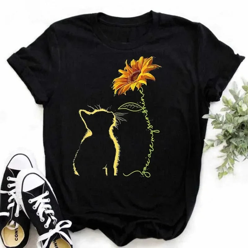 COTTON 100% Casual Cute Sunflower Butterfly Print T-shirt Comfortable Women's Black Top Oversized T Shirt  Graphic Tshirts