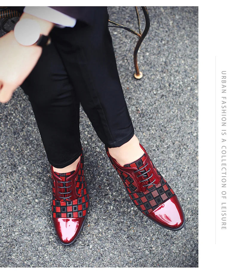 New Fashion Red Plaid Men's Dress Shoes Pointed Leather High Heel Shoes Men Height Increasing Wedding Shoes Men Zapatos Hombre