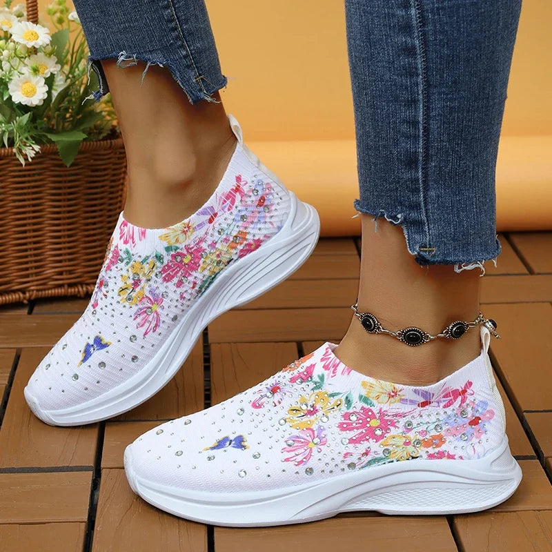 Women's floral print sports shoes, women's sparkling crystal breathable walking shoes, plus size 43