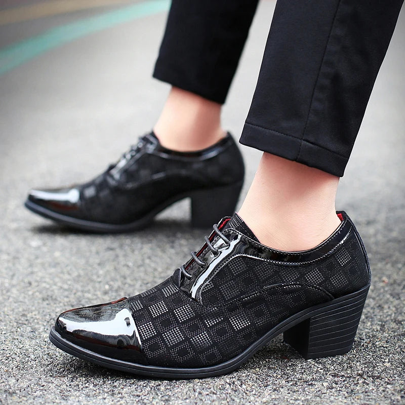 New Fashion Red Plaid Men's Dress Shoes Pointed Leather High Heel Shoes Men Height Increasing Wedding Shoes Men Zapatos Hombre