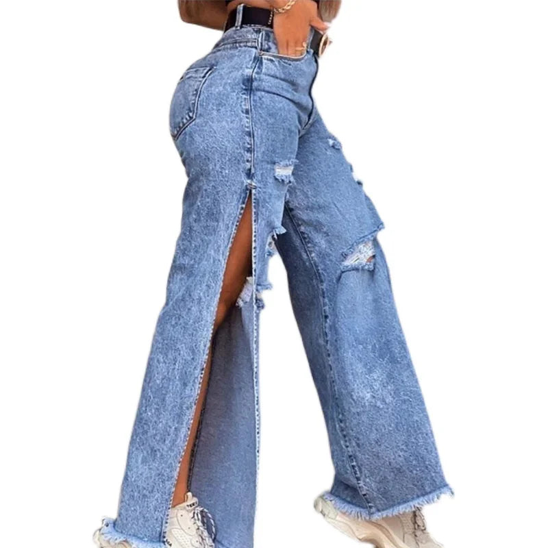 2024 Summer New Jeans Women's European and American Spicy Girl Jeans Loose Hole Sexy Split Wide Leg Pants Shopee Women's Pants