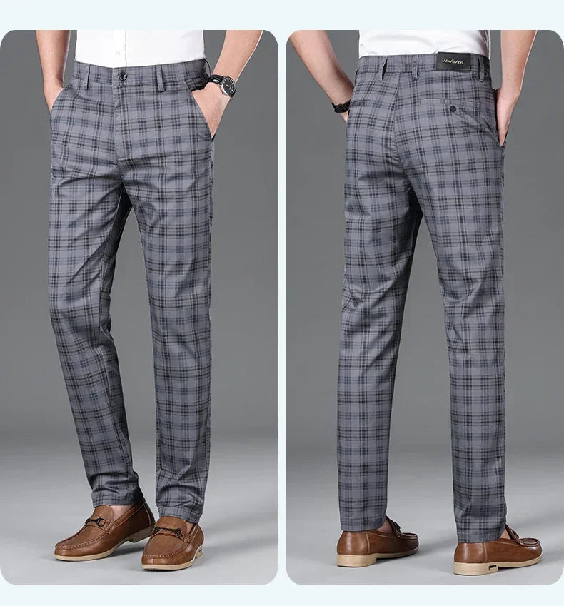 2024 Summer Classic Simple Straight Casual Pants for Men Personalized Checkered Versatile Stretch Business Casual Slim Trousers