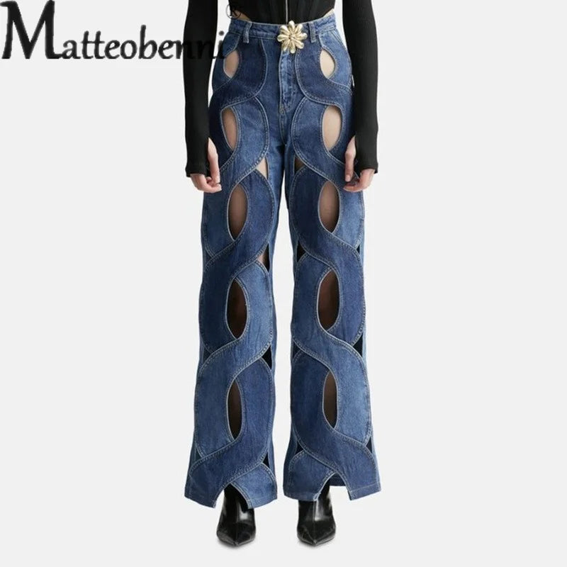 Fashion Hollow Out Curved Stripe Splice Jeans Women Flower Shaped Metal Buttons High Waist Straight Denim Pants Female Trousers