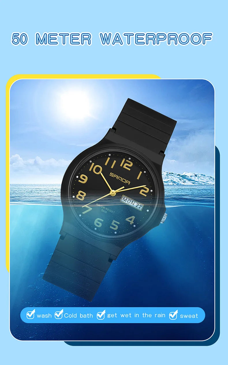 SANDA 9072 Students Watches New Design Soft TPU Strap Water Resistant Quartz Movement Outdoor Sports Analog Wrist Watch