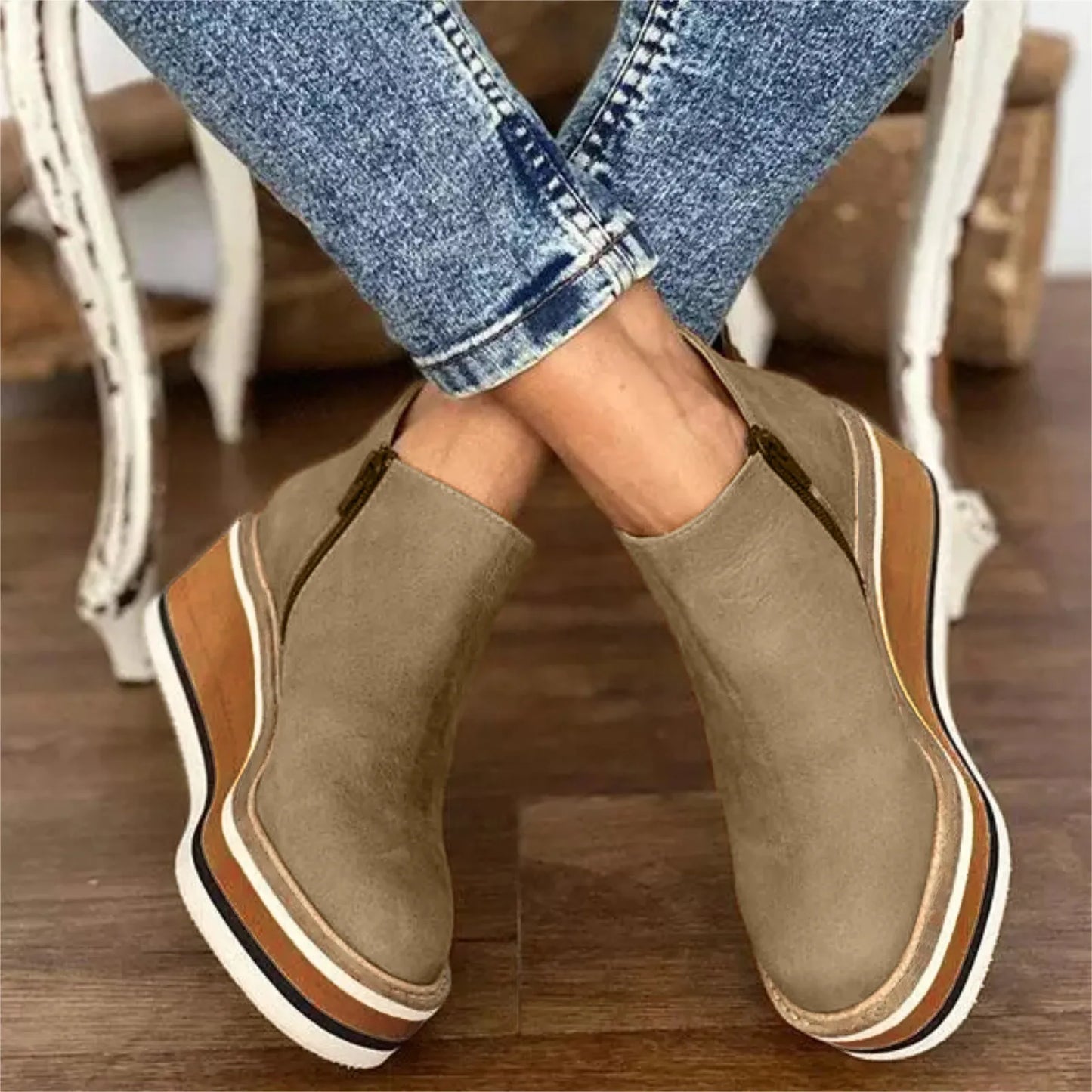 Ladies Shoes 2024 Fashion Side Zip Women's Fall Winter Boots Ankle Boots Women Round Toe Wedges Roman Ladies Shoes Zapatos Mujer