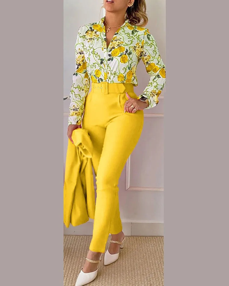 Elegant Long Sleeve Shirt Pants Set Office Lady Spring Autumn V Neck Floral Print Trousers Two Piece Set Women Outfit 2023