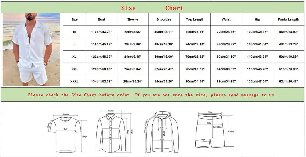 New 2024 Men's Summer Cotton Linen Sets Solid Short Sleeve Lapel Shirts and Shorts Sets Man Hawaiian Beach Holiday Clothing Sets