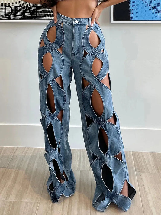 DEAT Trendy New Items Women's Hollow Out Elastic Straight Jeans 2024 Spring Fashion High Waist Buttons Denim Pants Female 33A691