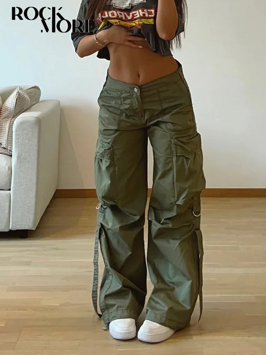 Rockmore Cargos Style Parachute Pants Low Waist Women Joggers Harajuku Pockets Baggy Wide Leg Trousers y2k Streetwear Casual