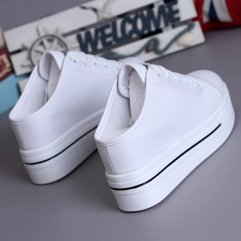 Elegant Black White Canvas Platform Wedge Slippers Women Mules Shoes Leisure Stealth Increase Slippers Woman Closed Toe Sandals