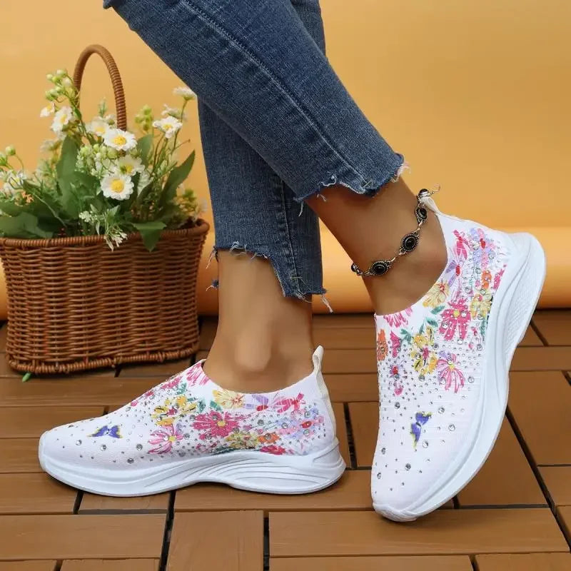 Women's floral print sports shoes, women's sparkling crystal breathable walking shoes, plus size 43