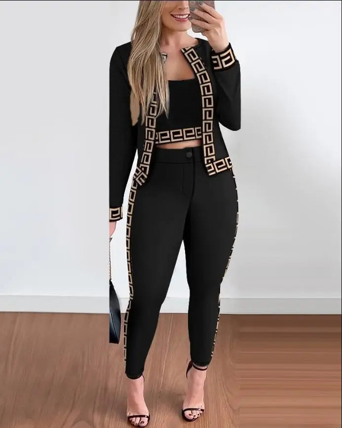 Fashion Houndstooth 3 Piece Set Tops And Slim Long Pant Suit Women Clothing Autumn Tank Cardigan Coat & Bodycon Pants 3pcs Sets