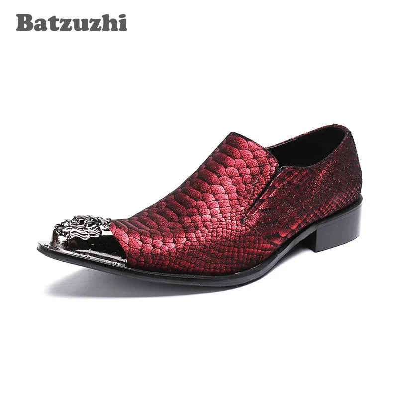 Batzuzhi Italy Brand New Men Leather Shoes Pointed Metal Toe Snakeskin Leather Red Men Wedding Dress Shoes Business and Party!