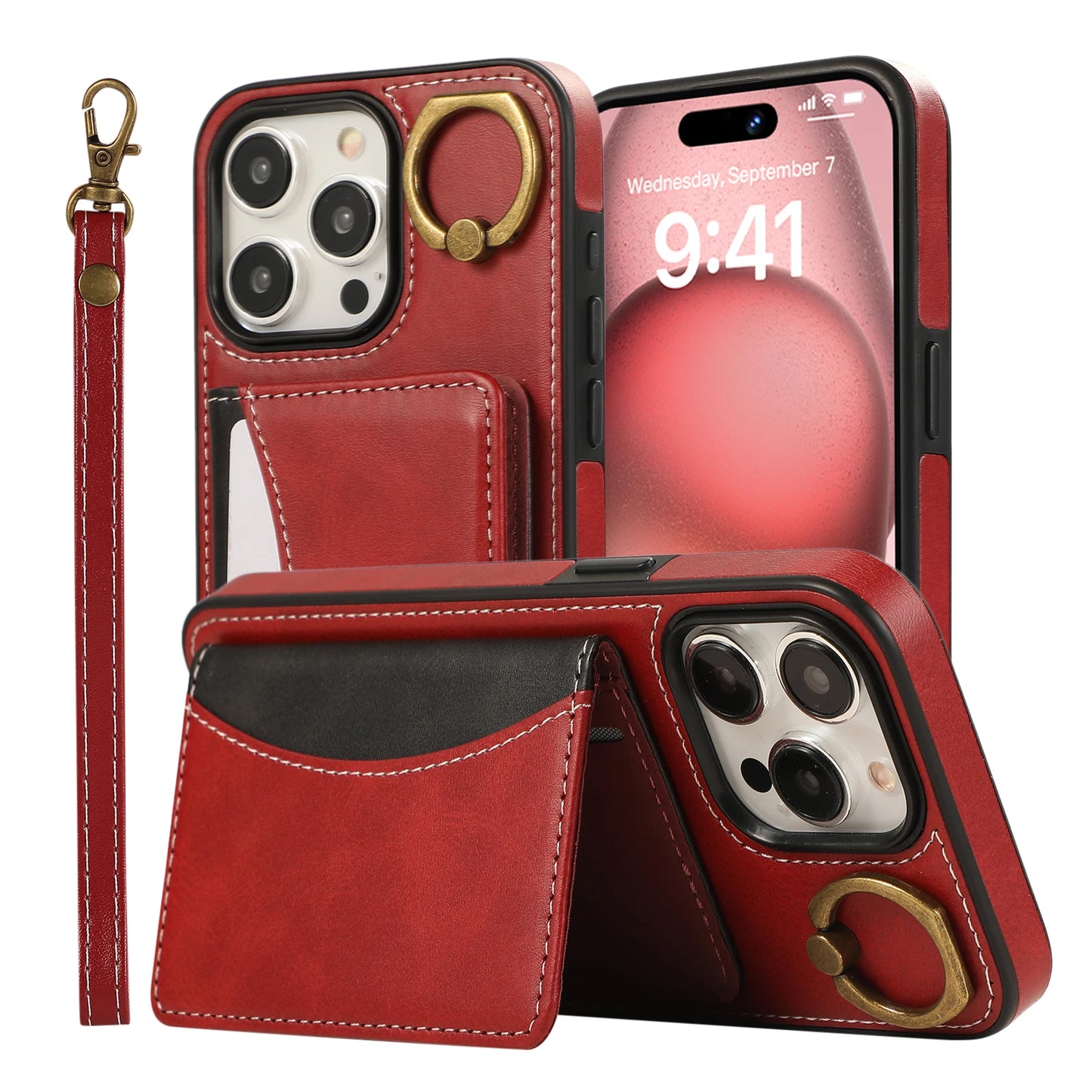 Cards Bag Ring Holder Leather Wallet Case For iPhone 15 Pro Max 14 Plus 13 12 11 XS XR 7 8 SE 2022 Stand Strap Solt Purse Cover