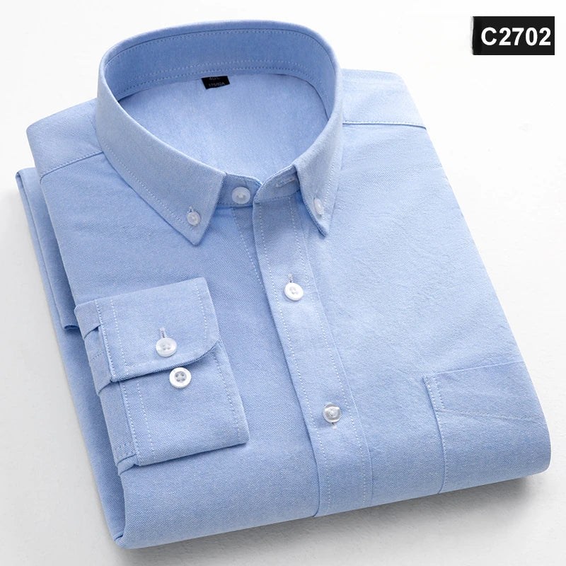 Classic fit fasion 100%Cotton long-sleeve shirt for men single pocket slim fit Casual top soft Oxford solid color office clothes