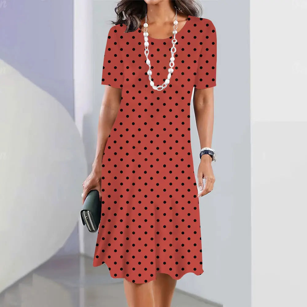 Polka Dot Print Women'S Dress 2024 Elegant Women'S Summer Fashion Stitch O Neck Loose Holiday Women'S Sexy Knee-Length Dress