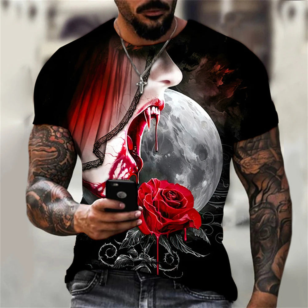 2023 Summer Men T-shirt 3D Graphic Bright Rose Print Vintage T Shirt Men Women Tshirt Casual Short Sleeve O-neck Streetwear