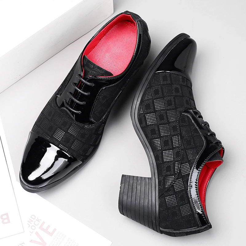 New Fashion Red Plaid Men's Dress Shoes Pointed Leather High Heel Shoes Men Height Increasing Wedding Shoes Men Zapatos Hombre