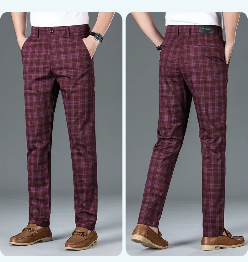 2024 Summer Classic Simple Straight Casual Pants for Men Personalized Checkered Versatile Stretch Business Casual Slim Trousers