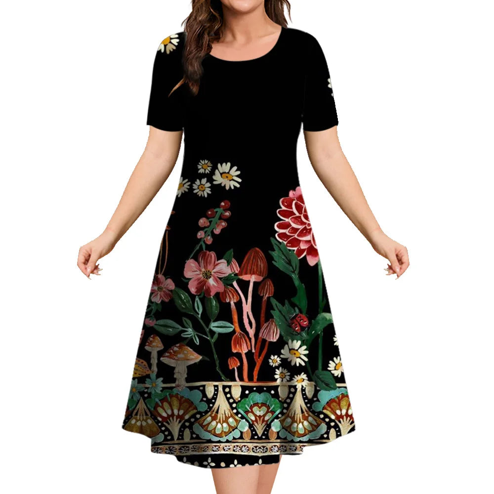 2024 New Floral Graphic Print Women's Dresses Elegant Midi Dresses Summer Dresses Plus Size Female Fashion Free Shipping