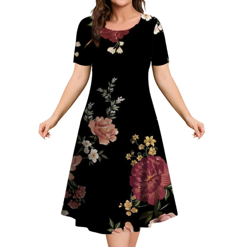 2024 New Floral Graphic Print Women's Dresses Elegant Midi Dresses Summer Dresses Plus Size Female Fashion Free Shipping