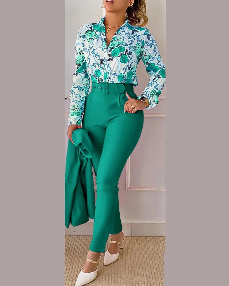 Casual Long Sleeve Shirt Pants Set Office Lady Fashion Elegant V Neck Floral Print Trousers Two Piece Set Women Outfit 2024