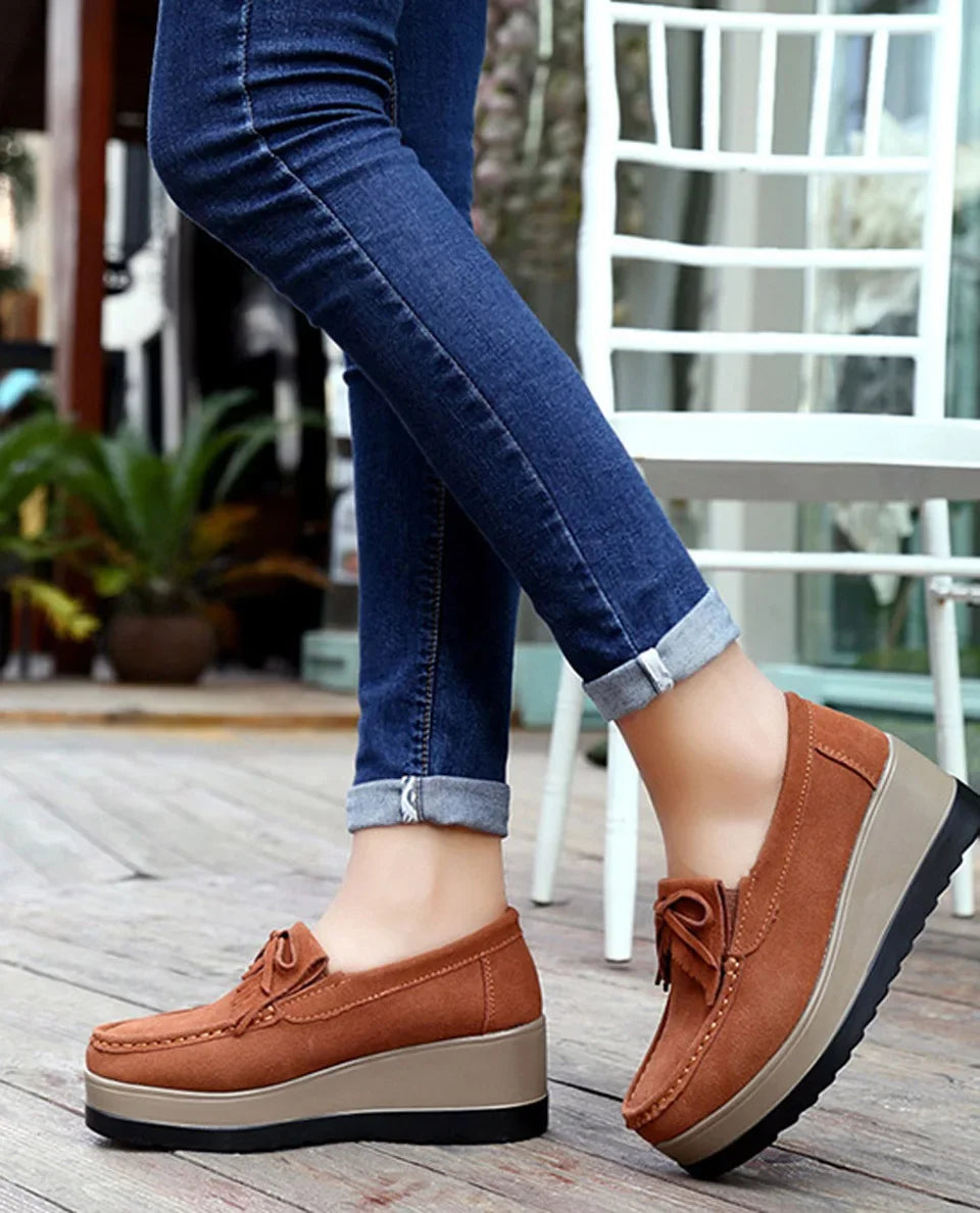 luxury 2024 Spring Autumn Women Suede Genuine Leather Wedge Shoes Lady Female Loafers Sweet Tassel Slip-ons Platform Moccasins