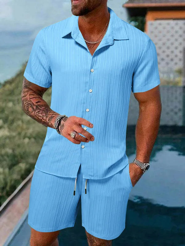 2024 Men's Fashion Summer New Style Casual Solid Color Stripe Suit Male High-Quality Two-Piece Set US Size