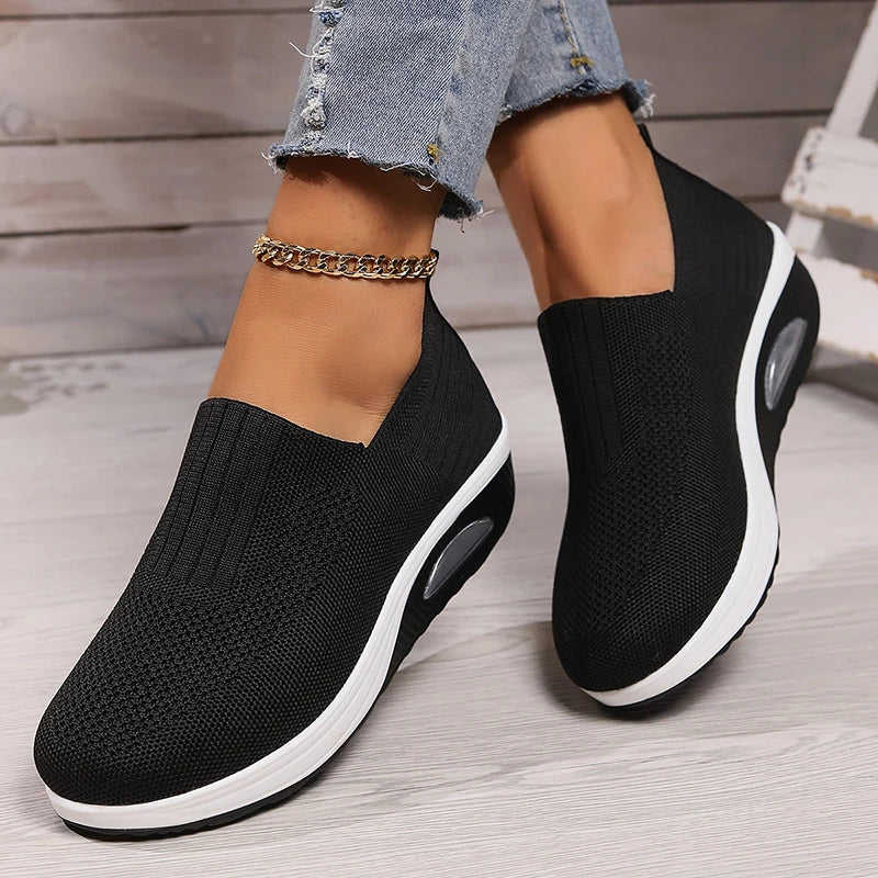 Women's Mesh Breathable Casual Sneakers Knitting Slip On Platform Sports Shoes for Women Comfortable Air Cushion Walking Shoes