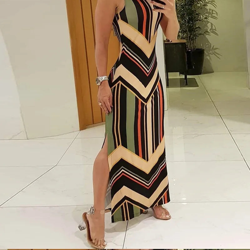 Colorful Striped Print Side Slit Maxi Dress Women Colorblock Sleeveless Slim Long Dresses