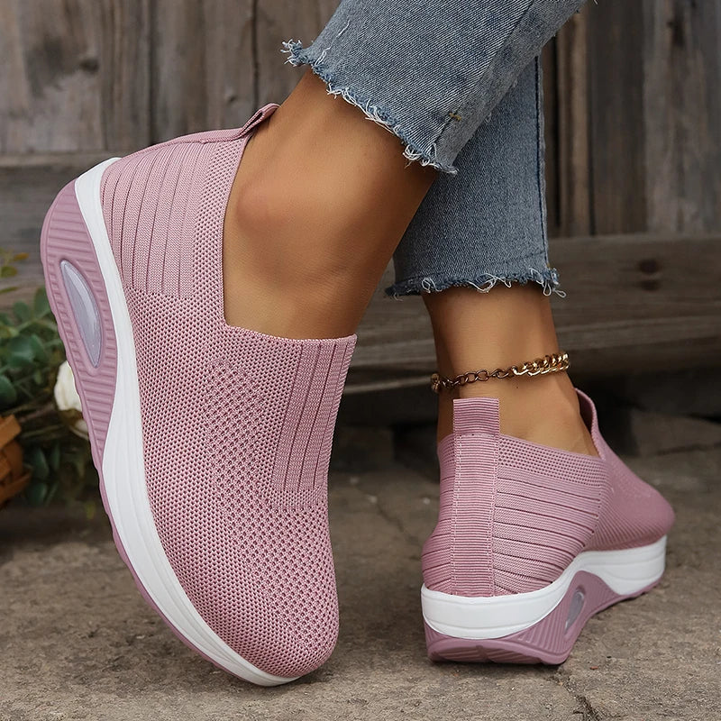 Women's Mesh Breathable Casual Sneakers Knitting Slip On Platform Sports Shoes for Women Comfortable Air Cushion Walking Shoes