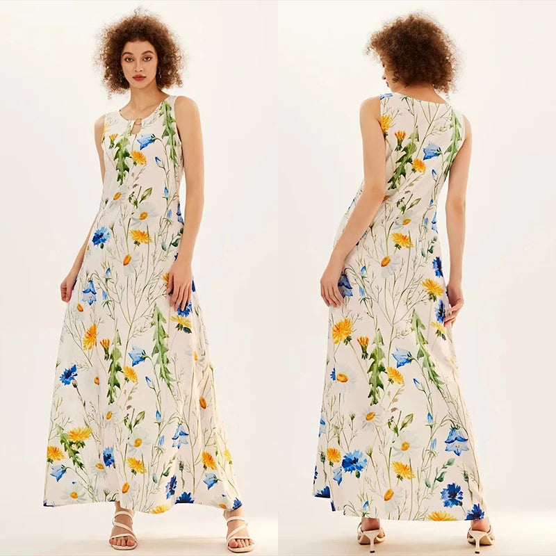 Flower Print New Casual Sleeveless Long Dress Women's V-Neck Printed Dress Swing Bohemian Retro Dresses