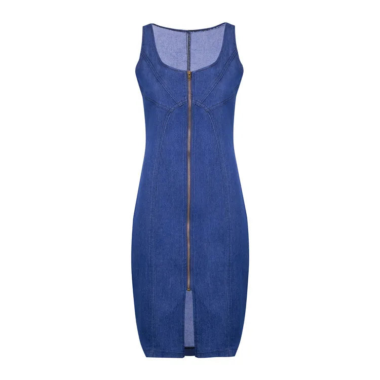 Dresses Female Superior Quality Summer Denim O Neck Zipper Solid Color Sleeveless Dress Casual Vestidos Dropshipping WYM171