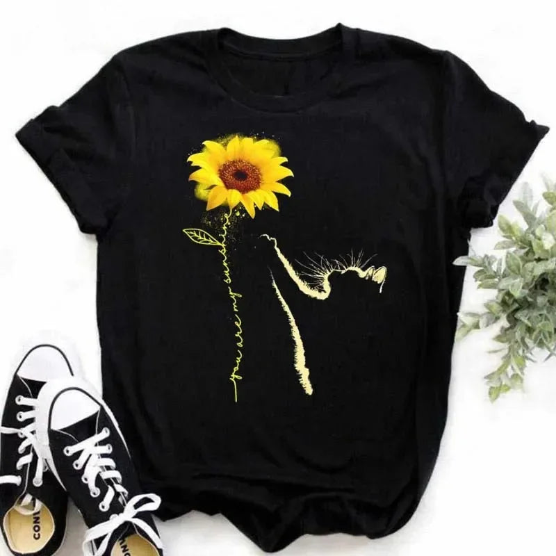 COTTON 100% Casual Cute Sunflower Butterfly Print T-shirt Comfortable Women's Black Top Oversized T Shirt  Graphic Tshirts