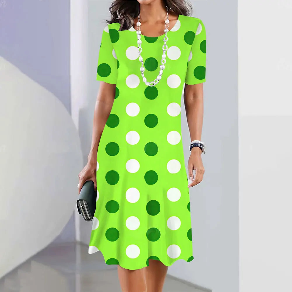 Polka Dot Print Women'S Dress 2024 Elegant Women'S Summer Fashion Stitch O Neck Loose Holiday Women'S Sexy Knee-Length Dress