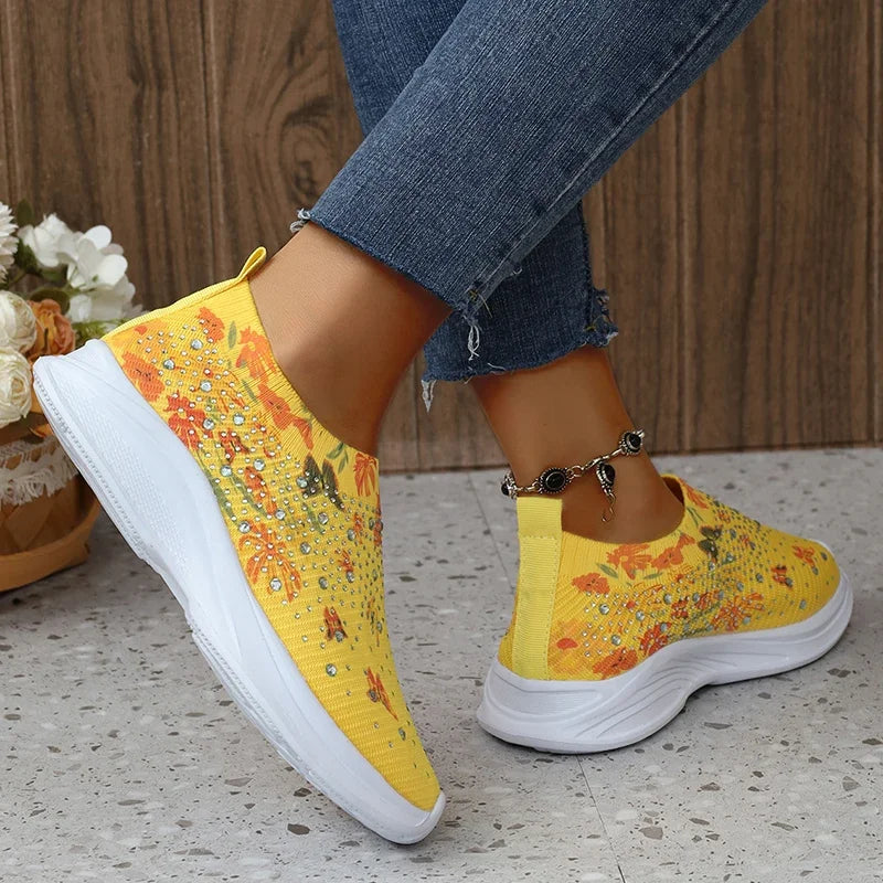 Women's floral print sports shoes, women's sparkling crystal breathable walking shoes, plus size 43