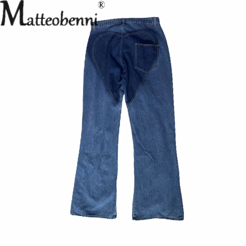 Fashion Hollow Out Curved Stripe Splice Jeans Women Flower Shaped Metal Buttons High Waist Straight Denim Pants Female Trousers