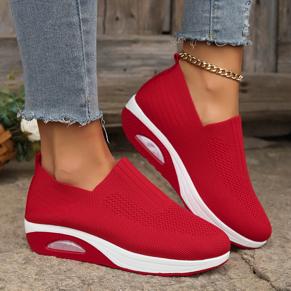 Women's Mesh Breathable Casual Sneakers Knitting Slip On Platform Sports Shoes for Women Comfortable Air Cushion Walking Shoes