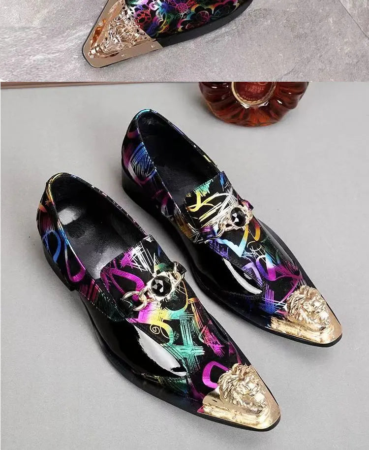 Spring Autumn Pointed end Gold ornaments Shoes and Hats Stamp Cowhide Shoes Rivet Marry Walk Show Nightclub Men's Shoes