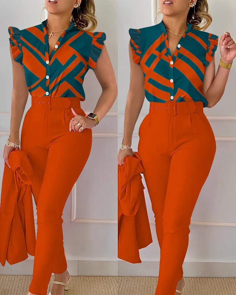 Women Slim Two-Piece Sets Summer Elegant Fashion Print V Neck Button Flying Sleeve Shirt Top & Solid Long Pants Suits With Belt