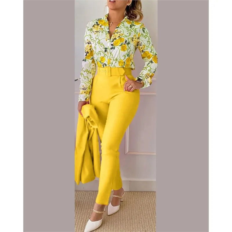 Casual Long Sleeve Shirt Pants Set Office Lady Fashion Elegant V Neck Floral Print Trousers Two Piece Set Women Outfit 2024